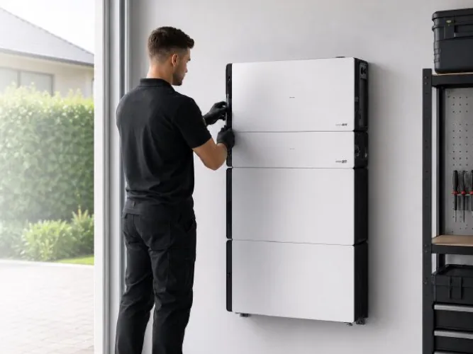 An installer clicking SolarEdge Nexis battery blocks into place on a garage wall